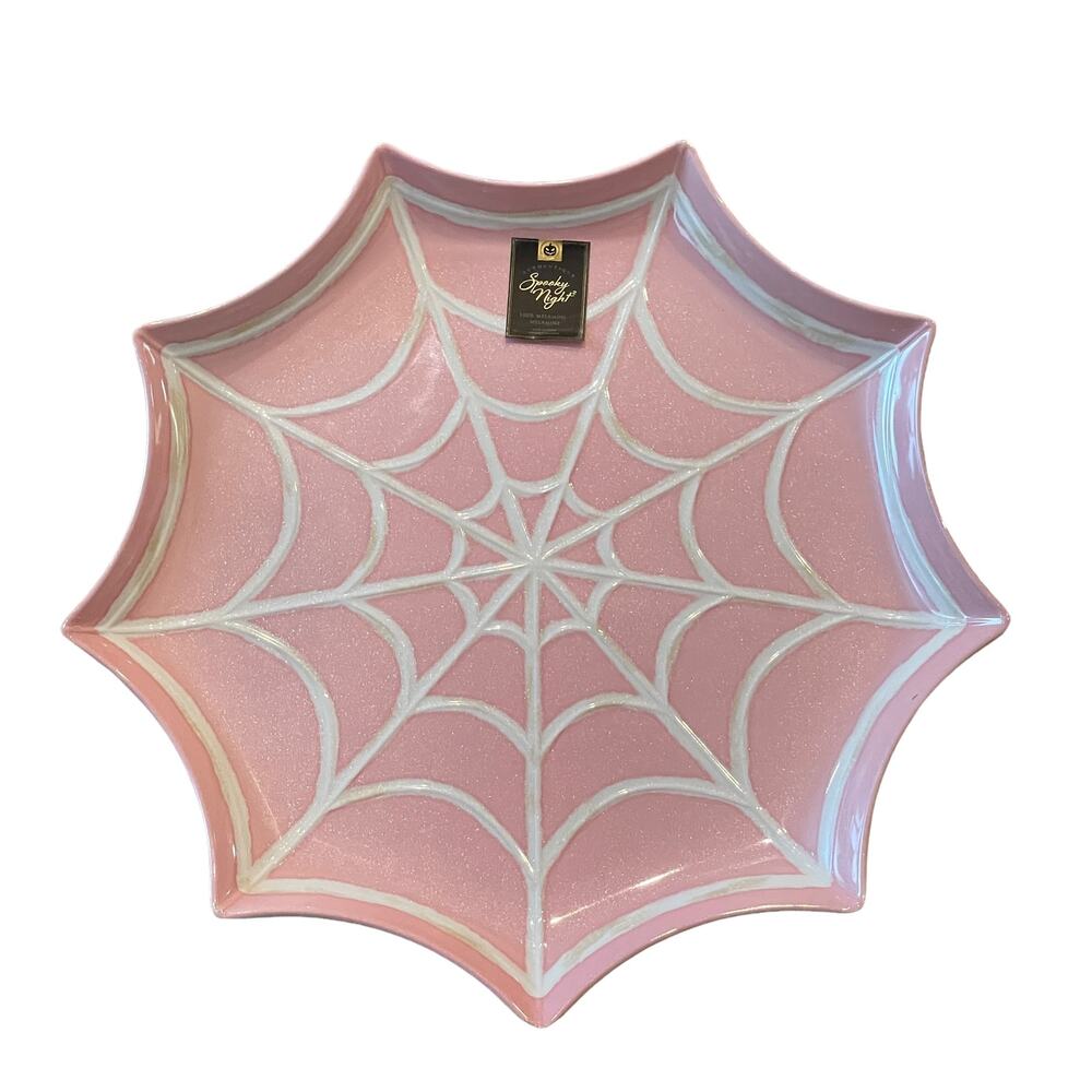 SPOOKY NIGHT Large Melamine Spider's Web Serving Tray 16in Pink & White BOO New